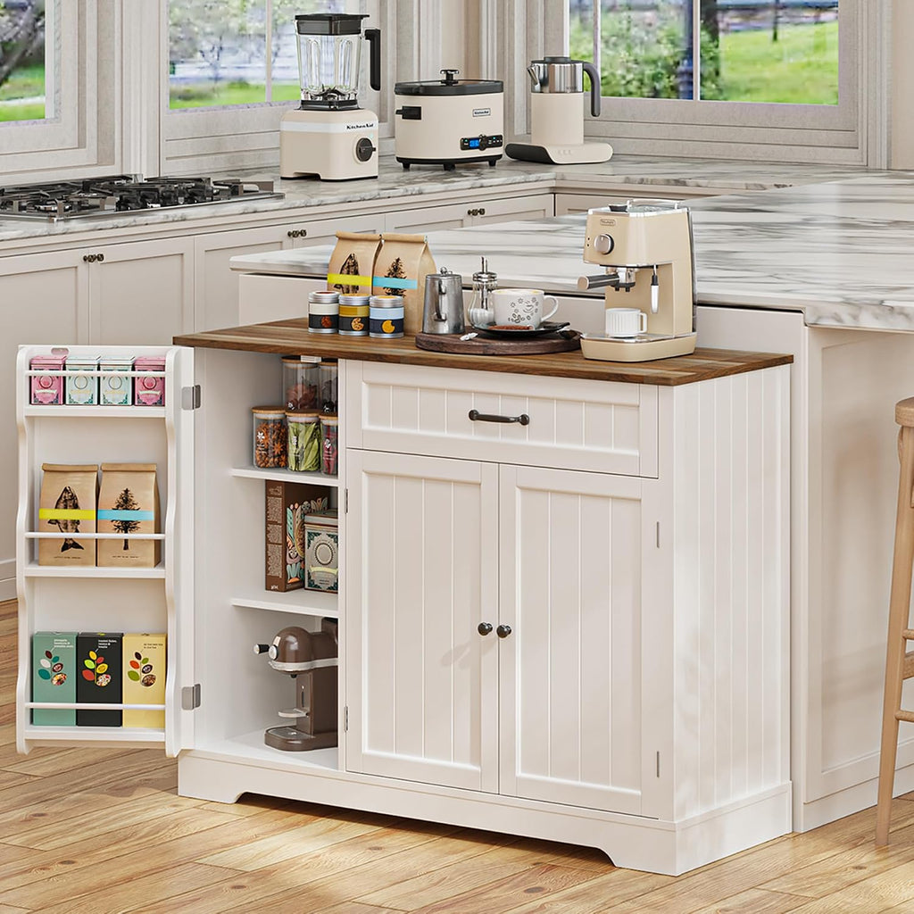 Gizoon Kitchen Coffee Bar Cabinet with Storage Kitchen Sideboard Buffet Cabinet with Drawers, Short Pantry with Door and Shelves for Bathroom and Living Room, White and Rustic