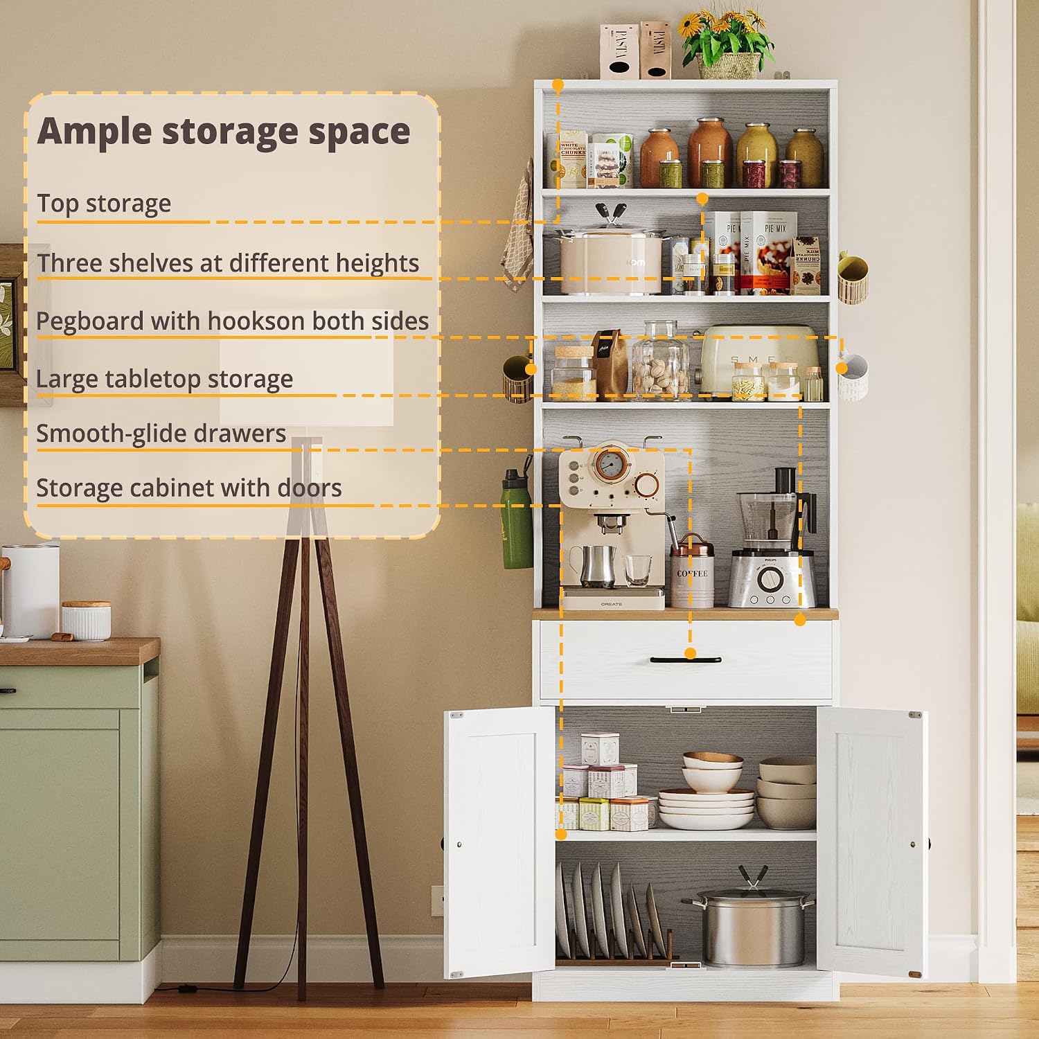 IRONCK Bakers Rack Microwave Stand with Customizable Pegboard and Storage, 71' Farmhouse Coffee Bar Cabinet with Drawer, Barn Doors, Adjustable Shelves for Kitchen, Dining Room, 23.6' White