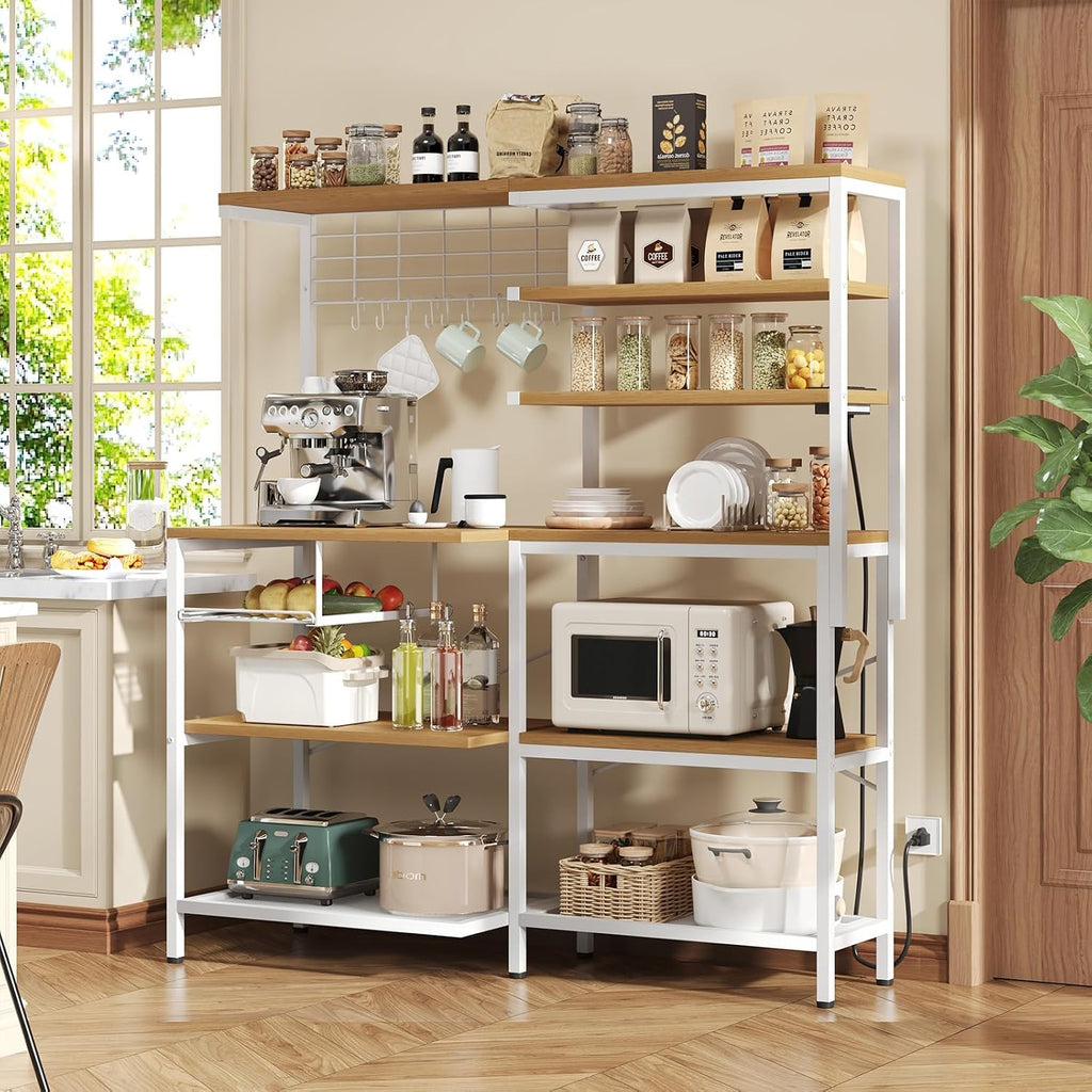 L-Shaped Bakers Rack with Power Outlet, 6-Tier Microwave Stand with Open Storage, Kitchen Shelf with Hooks, Coffee Bar with Wire Basket, White