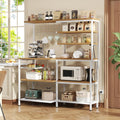 L-Shaped Bakers Rack with Power Outlet, 6-Tier Microwave Stand with Open Storage, Kitchen Shelf with Hooks, Coffee Bar with Wire Basket, White
