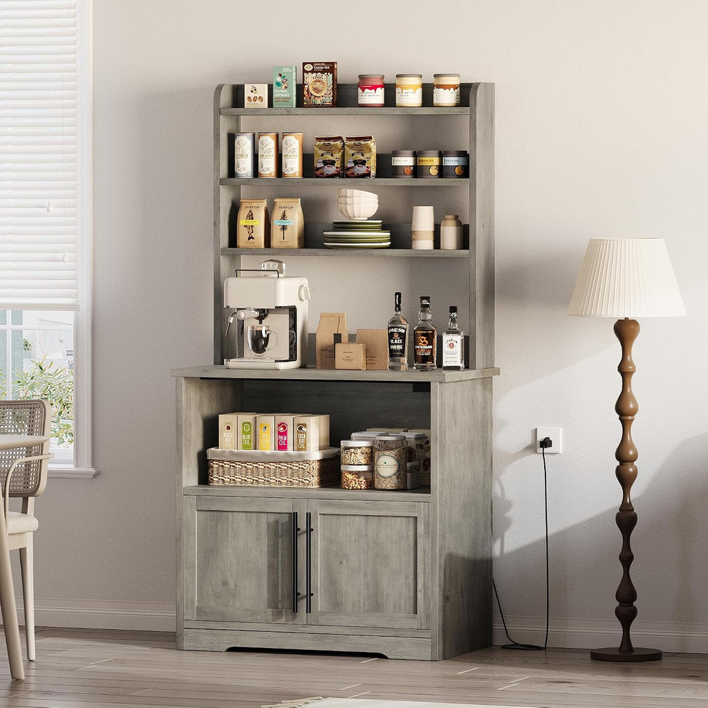 Farmhouse Bakers Rack with Power Outlet & USB Ports, Microwave Stand with Thickened Countertop and Storage Cabinet, Coffee Bar Cabinet Pantry Organizer Shelf for Kitchen, Rustic Gray