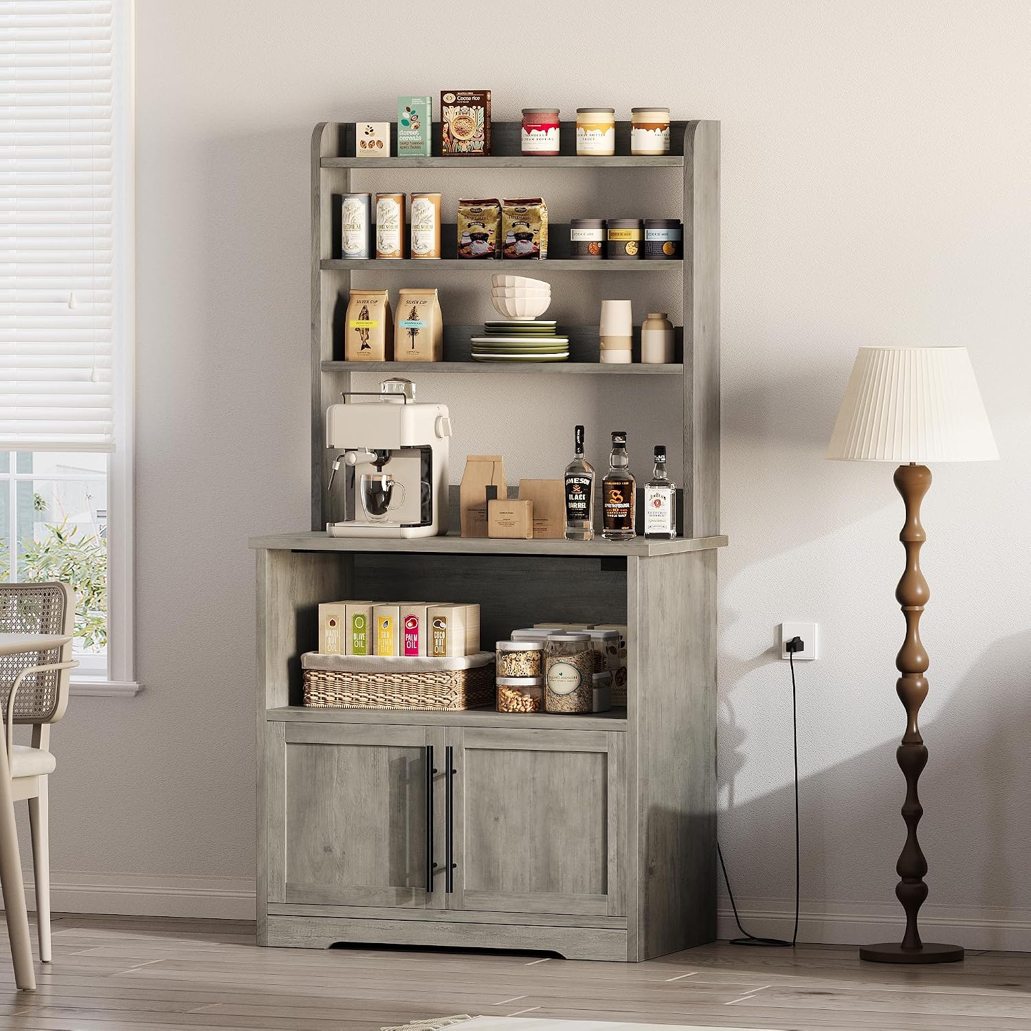Farmhouse Bakers Rack with Power Outlet & USB Ports, Microwave Stand with Thickened Countertop and Storage Cabinet, Coffee Bar Cabinet Pantry Organizer Shelf for Kitchen, Rustic Gray