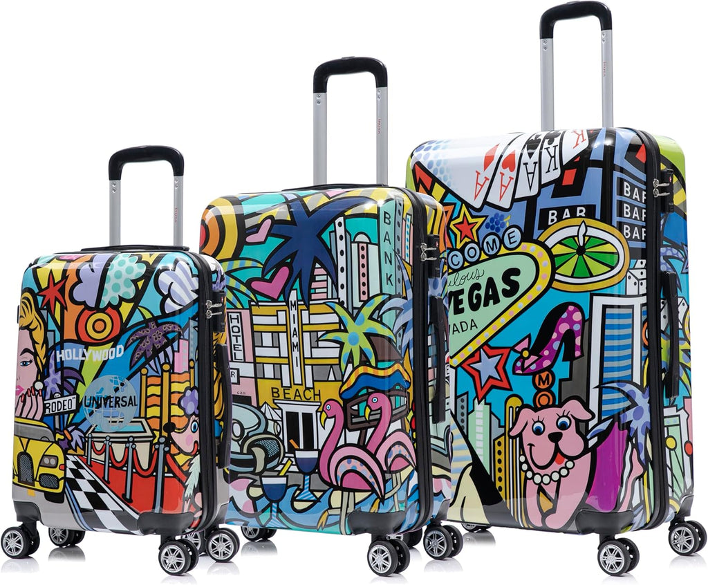 InUSA Cities Print Luggage with Spinner Wheels | Durable Lightweight Hardside Suitcase | Travel Bag with Handle and Trolley | (20in, 24in, 28in) 3 Piece Set