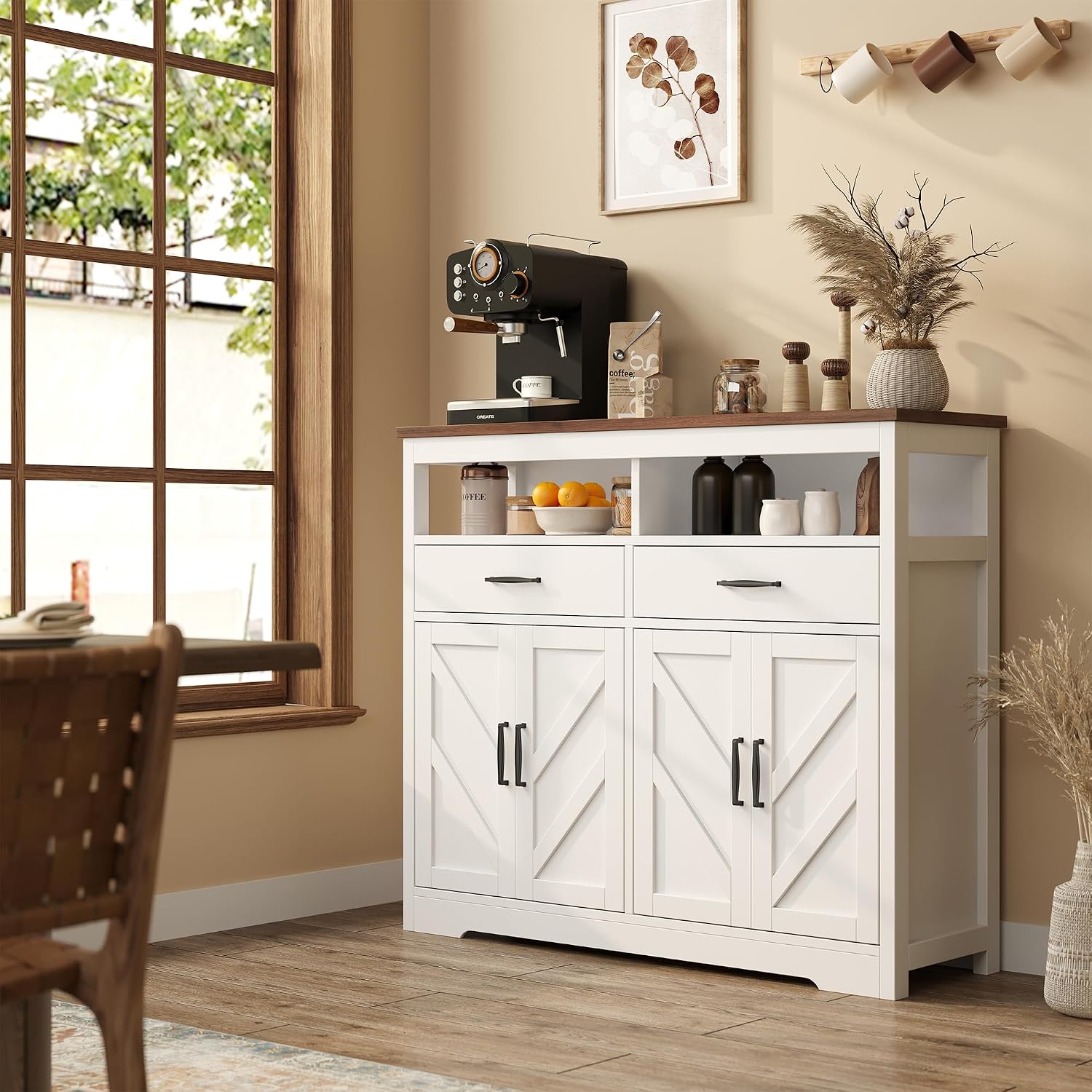 knoworld Buffet Sideboard with Storage Farmhouse with 4 Doors, 47'' Large Kitchen Storage Cabinet Wood Coffee Bar Cabinet Buffet Table with Shelves for Kitchen, Dining Room, Entryway