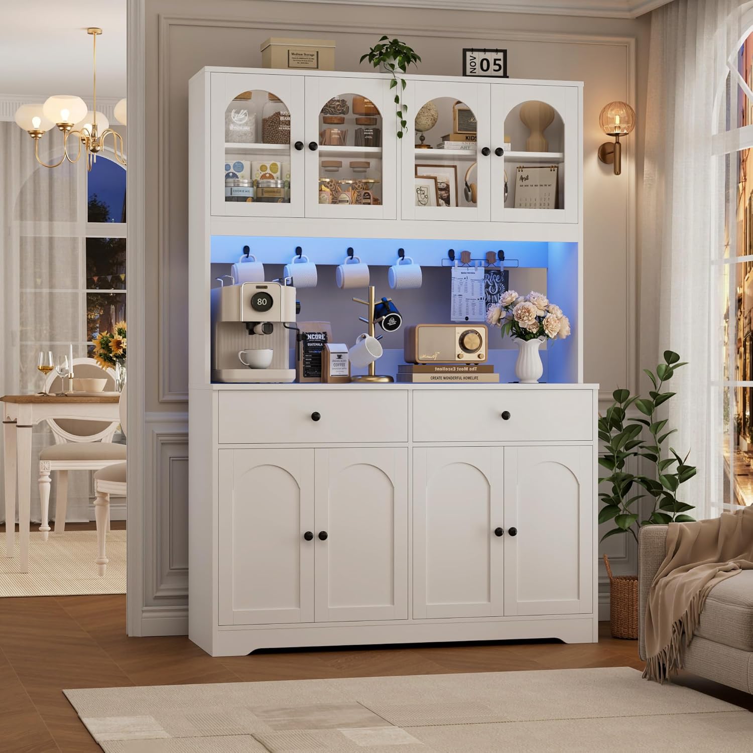 71' LED Kitchen Pantry Cabinet with Power Outlet, Large Kitchen Hutch Storage Cabinet with Arched Door & Shelves & 2 Drawers, Tall Modern Coffee Bar with Hutch for Home Dining Living Room, White