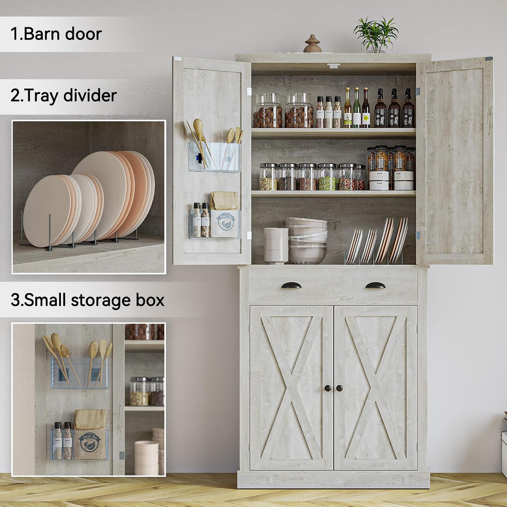 IRONCK Kitchen Pantry Storage Cabinet 72.6' H, with Barn Doors, Drawer, 4 Adjustable Shelves, Freestanding Cupboard for Dining Room Living Room, Laundry, Rustic Maple