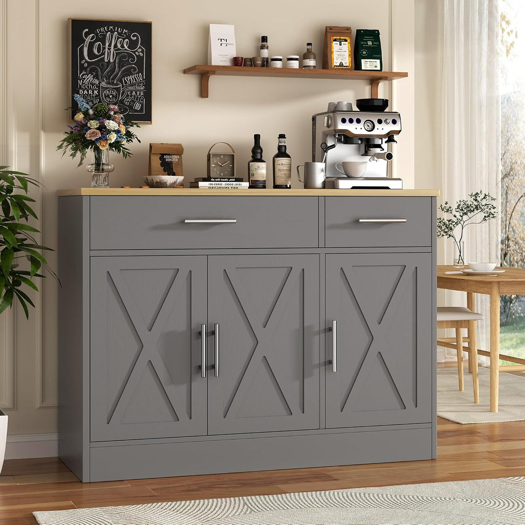 Vongrasig Sideboard Buffet Cabinet with Storage, 43' Farmhouse Coffee Bar Storage Cabinet with Drawers and Shelves, Modern Buffet Table for Kitchen, Dining Room, Grey