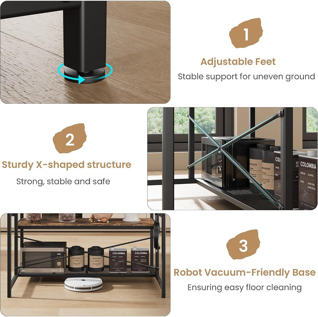 GAOMON 42' Kitchen Island Table Baker Rack with Power Outlet & 2 Bar Stools, Kitchen Storage Shelf with 3-Tier Storage & 5 Hooks, Microwave Stand Coffee Bar Table for Dining Living Room (Vintage)