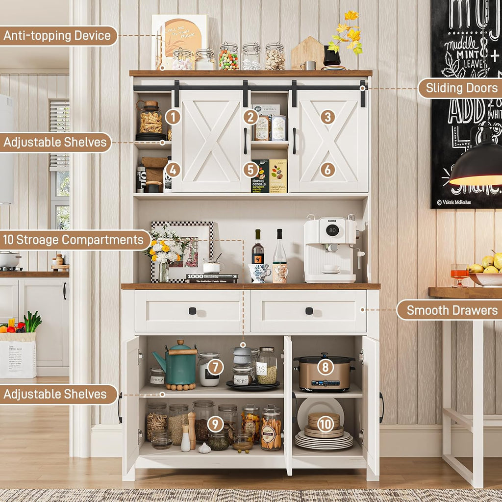 Befrases 67.7 Inch Farmhouse Pantry Storage Cabinet with Sliding Barn Doors, 2 Drawer Farmhouse Coffee Cabinet with Adjustable Shelf, Side Board with Buffet Cupboard for Livingroom Kitchen, White