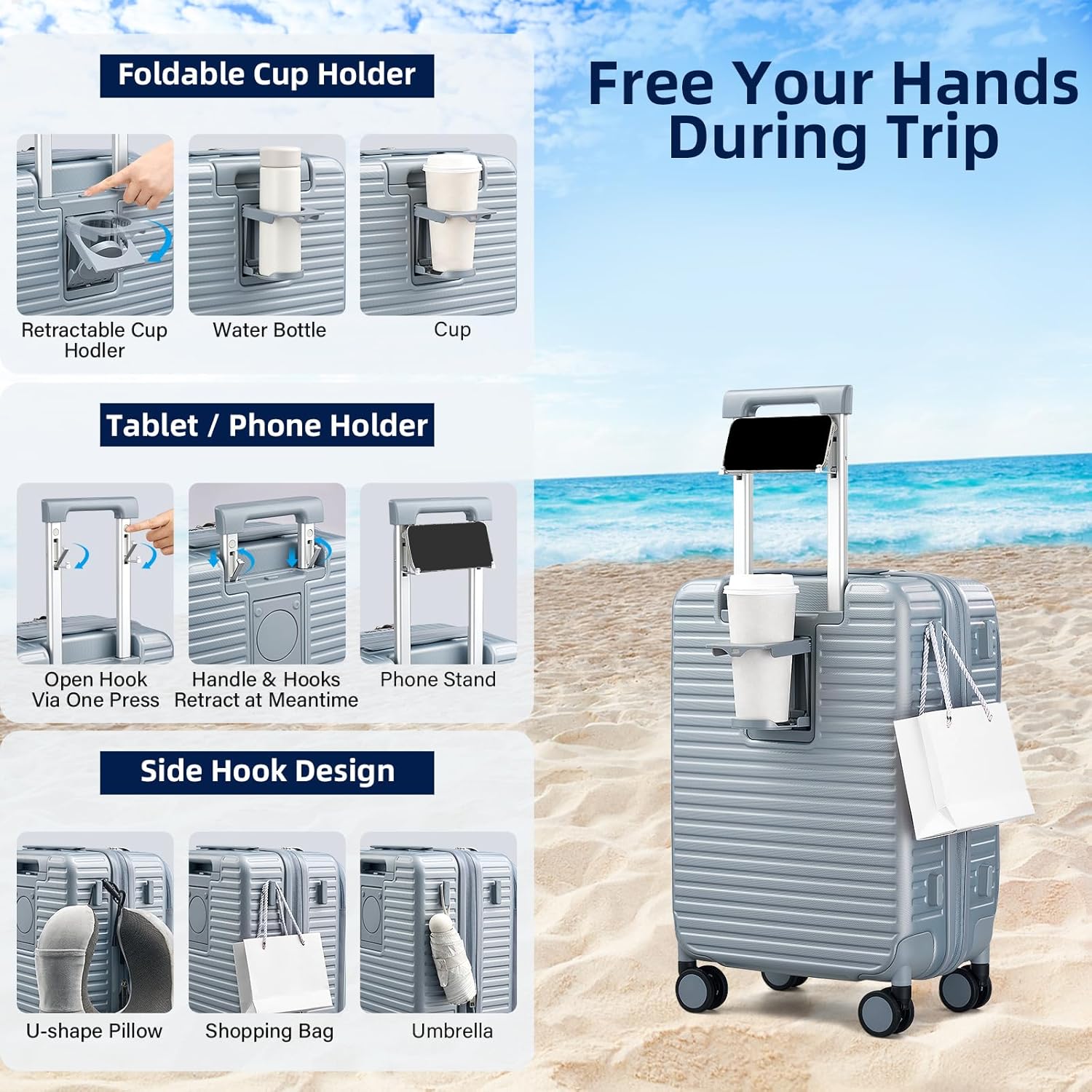 HanTrip 20 Inch Carry on Luggage 22x14x9 Airline Approved Hard Shell Suitcases with Wheels, Top Opening Expandable Carry on Luggage with Cup Holder Small Rolling Suitcase with Lock, Silver