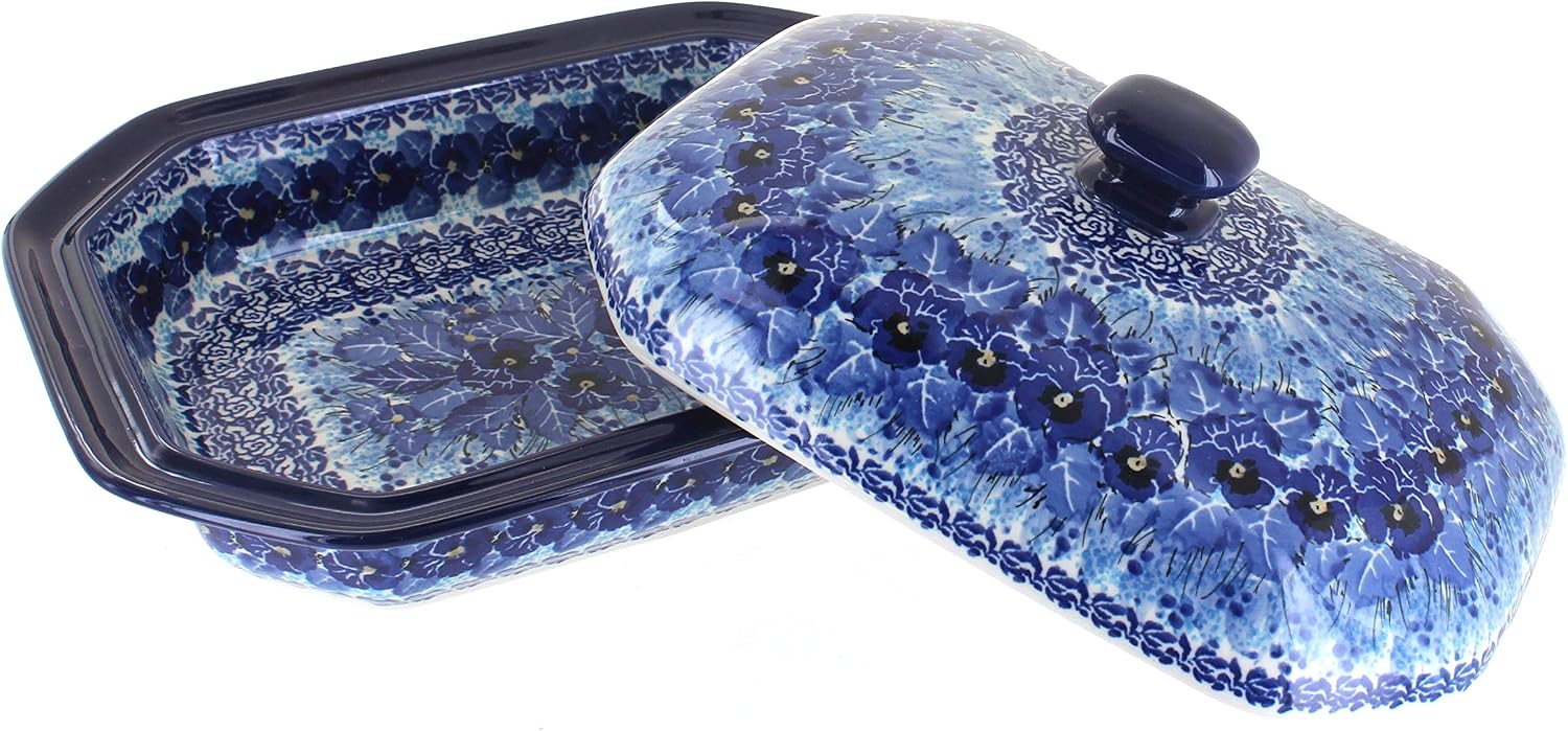 Blue Rose Polish Pottery - Blue Joanna Medium Covered Baker - 3 Cup Capcaity - Unique, Dishwasher Safe, & Durable Bakeware