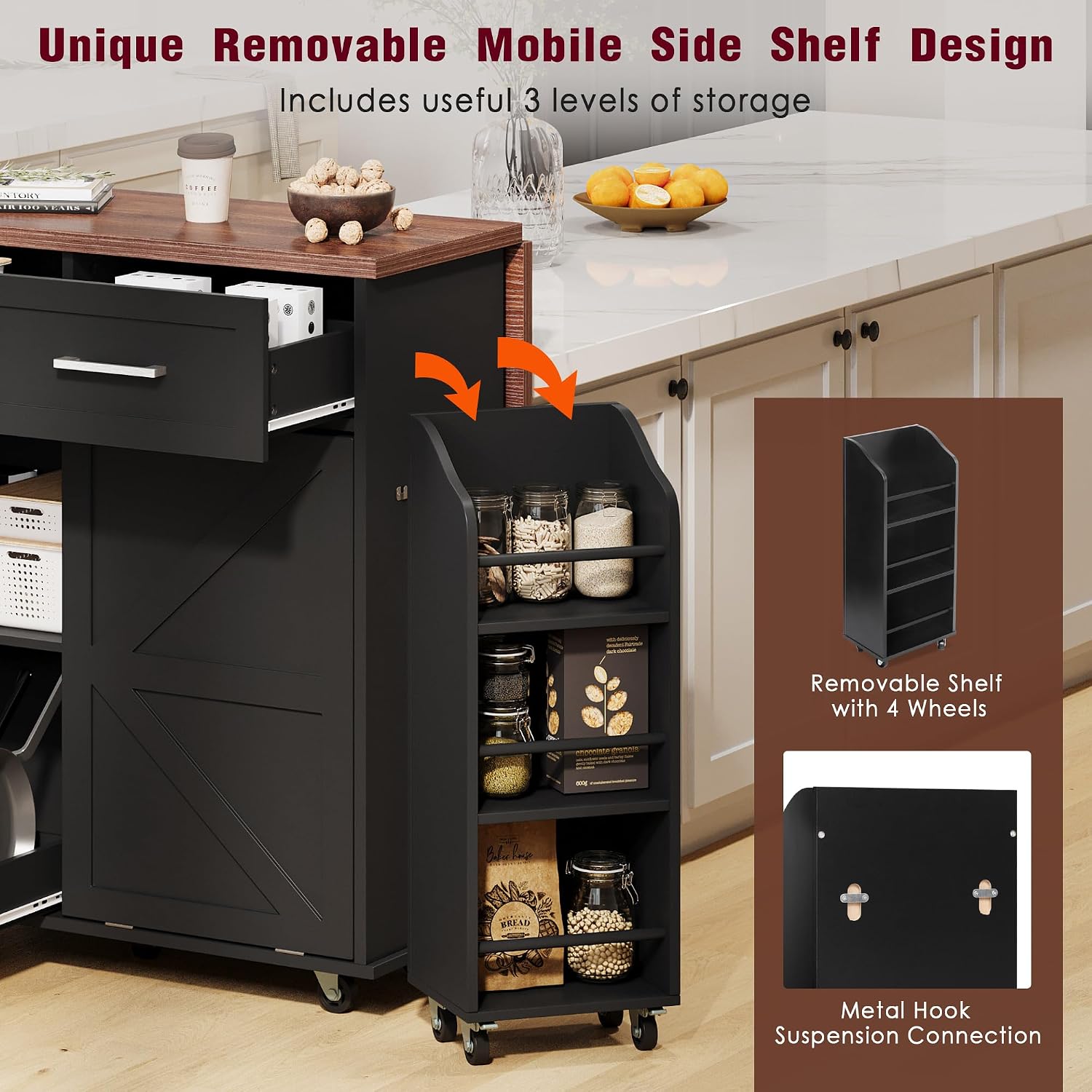 47.2' Farmhouse Kitchen Island with Drop Leaf and Removable Side Racks, Two Drawers, Rolling Kitchen Cart on Wheels with Towel Rack, for Home, Dining Room (Black/V1)