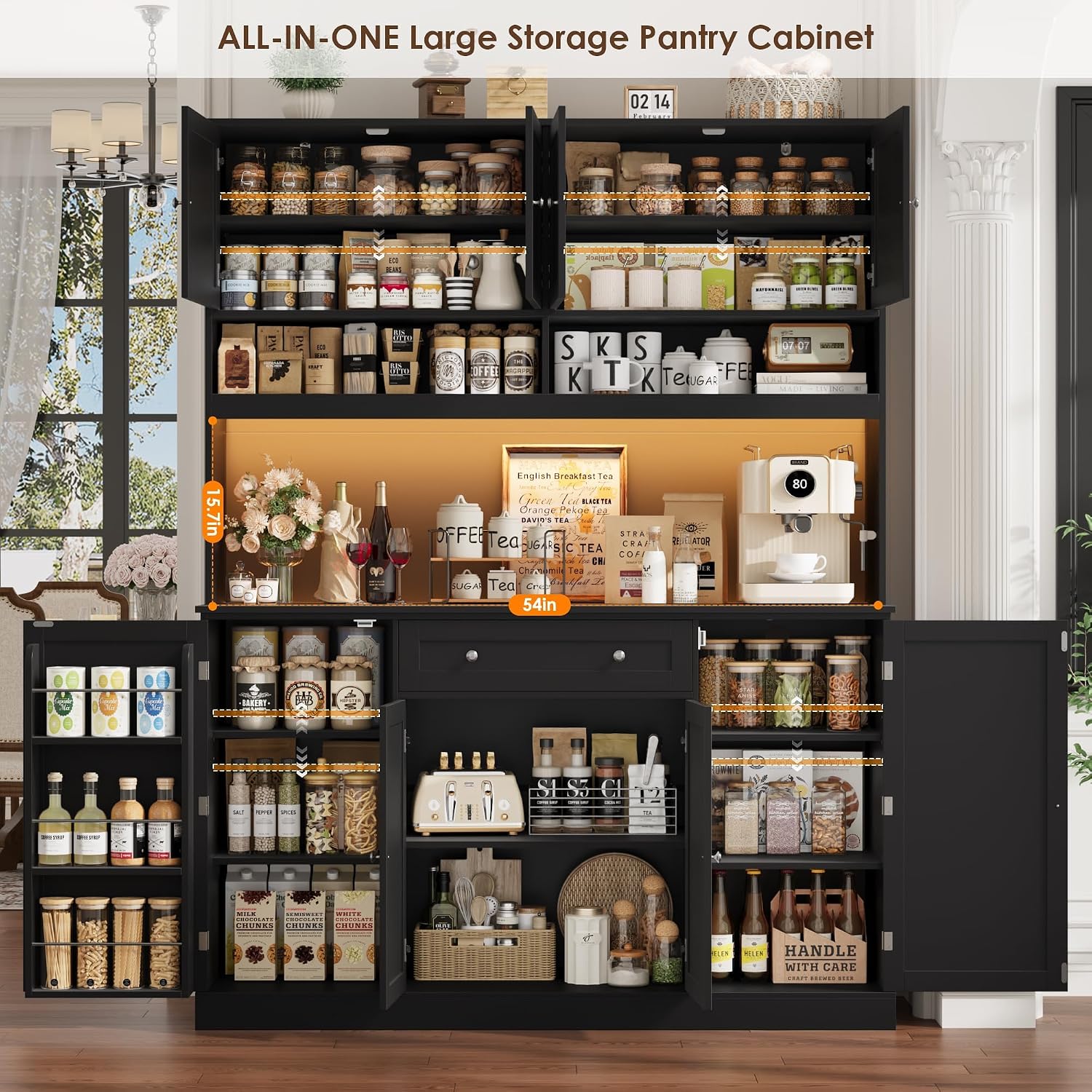 HIFIT 72.8' LED Kitchen Pantry Cabinet with Charging Station, 55' Wide Farmhouse Pantry Cabinet with Microwave Stand&Shelves&Swing-Out Door, Kitchen Hutch Coffee Bar for Living Room, Black