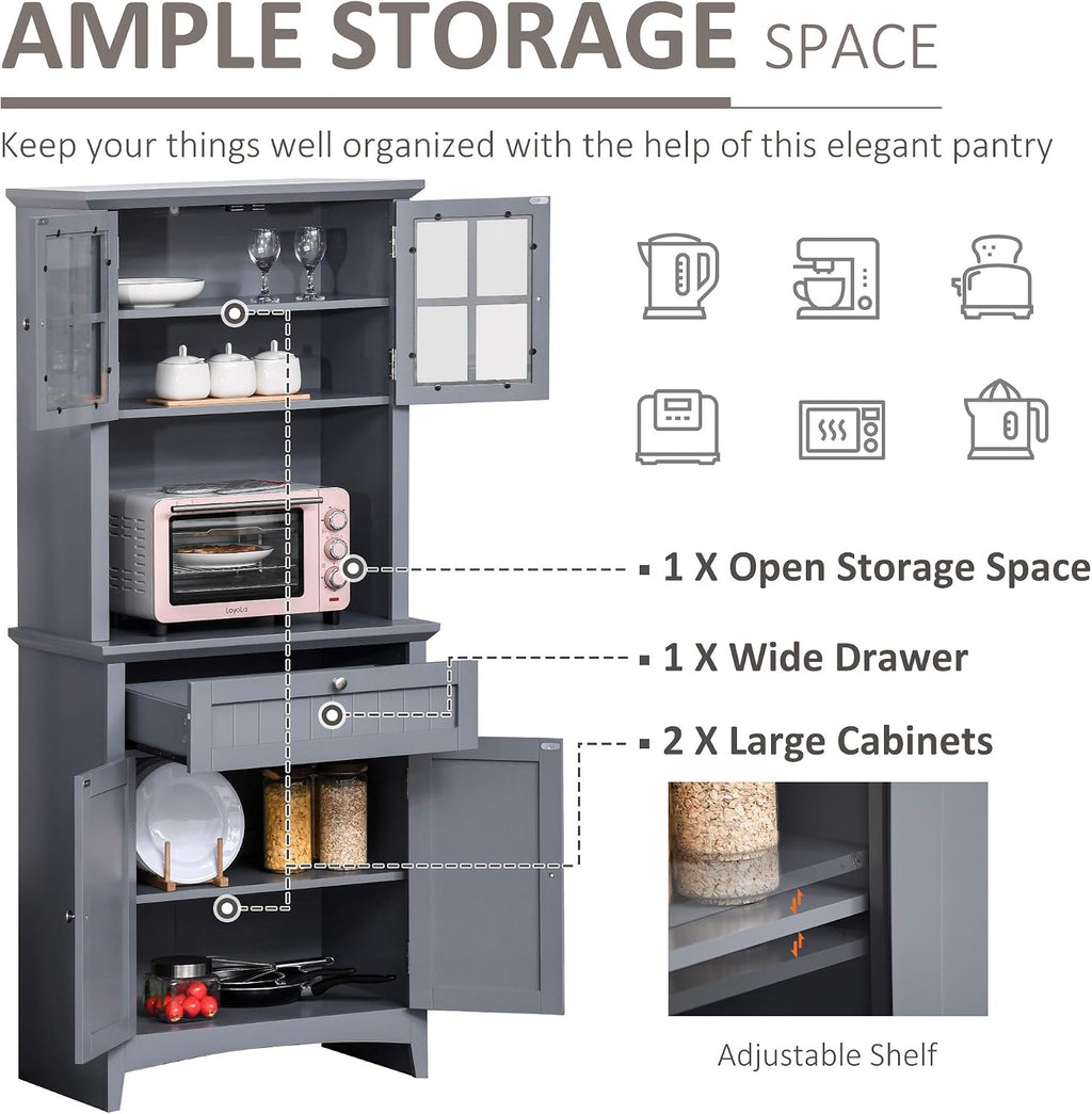 HOMCOM Elegant Buffet with Hutch, Kitchen Pantry Storage Cabinet with Framed Glass Door Drawer and Microwave Space for Dining Room, Living Room, Gray