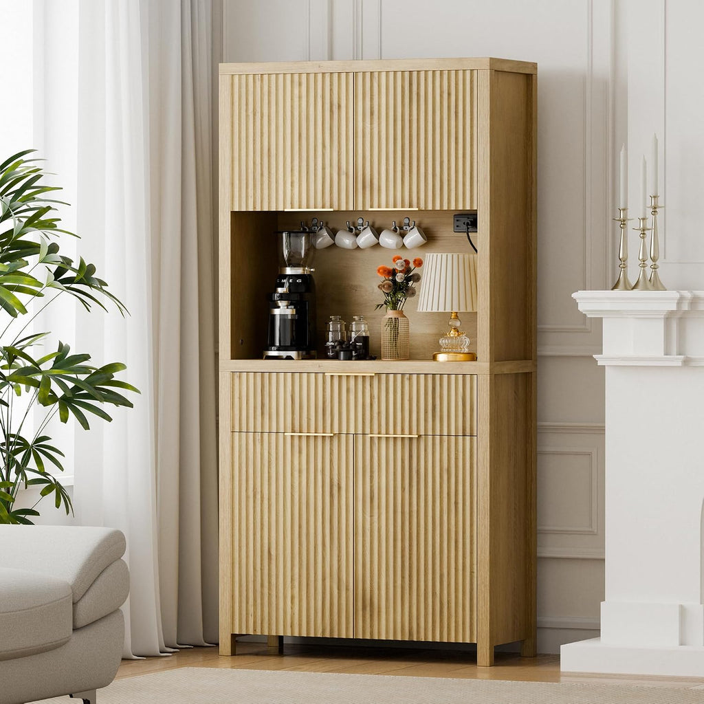 Lulive 71' Fluted Pantry Cabinet with Charging Station & Adjustable Shelves, Spacious Kitchen Storage Cabinet with Open Countertop & Drawer for Dining Room, Living Room, Natrual