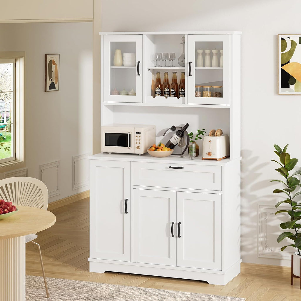 Shintenchi Kitchen Pantry Storage Cabinet, Freestanding Buffet Cabinet with Microwave Stand & 3 Door Shelves, Kitchen Hutch with Doors, Adjustable Shelves and Wine Rack, White