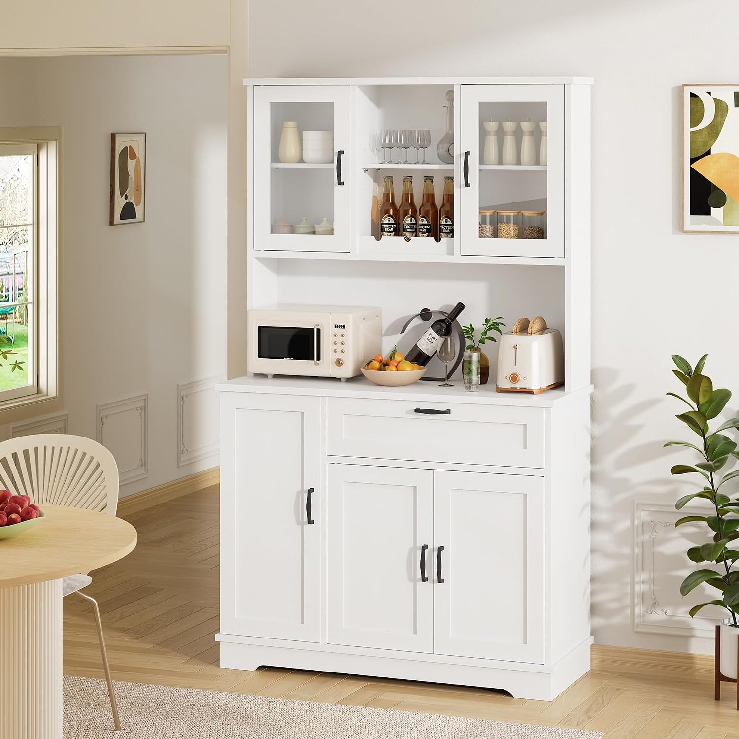 Shintenchi Kitchen Pantry Storage Cabinet, Freestanding Buffet Cabinet with Microwave Stand & 3 Door Shelves, Kitchen Hutch with Doors, Adjustable Shelves and Wine Rack, White