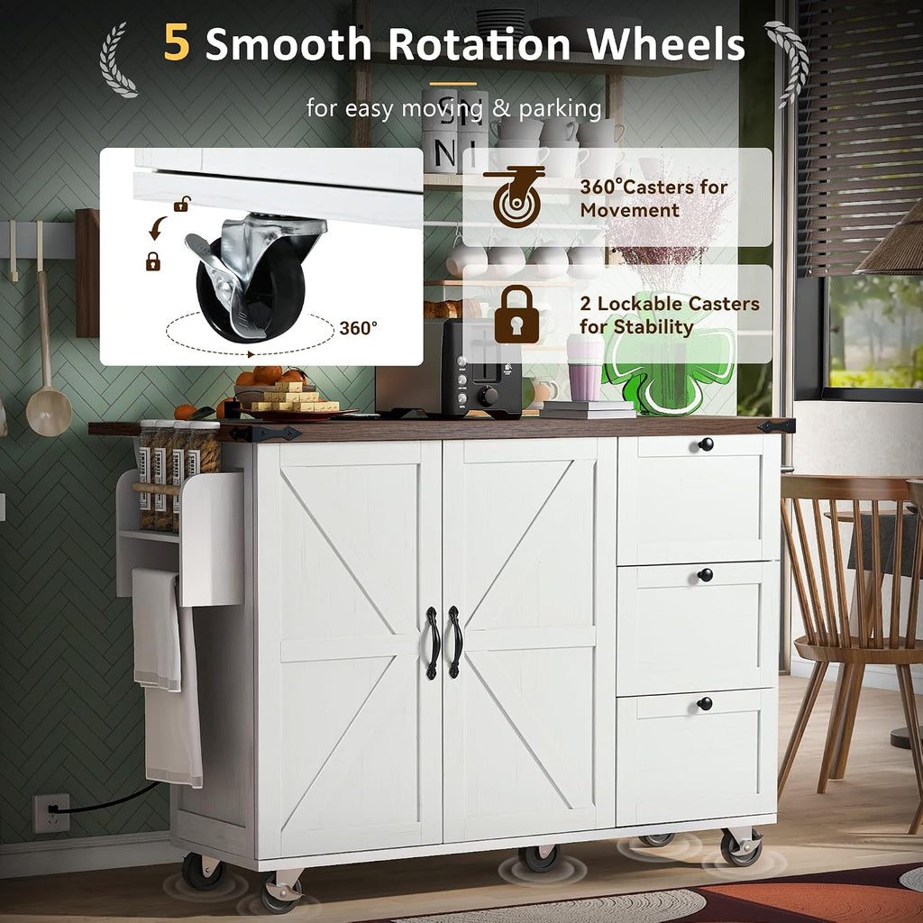 Farmhouse Kitchen Island with Power Outlet, Drop Leaf, Spice Rack and Drawer,Rolling Kitchen Cart on Wheels,Kitchen Storage Island for Home Dining Room (White/p2)