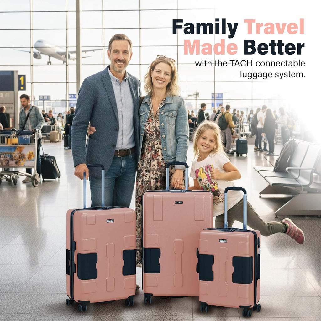 TACH Patented Connecting Hard Shell 3 Piece Luggage Set - 20, 24 & 28 inch Luggage | Carry-On, Medium & Large Rolling Suitcases - Pink