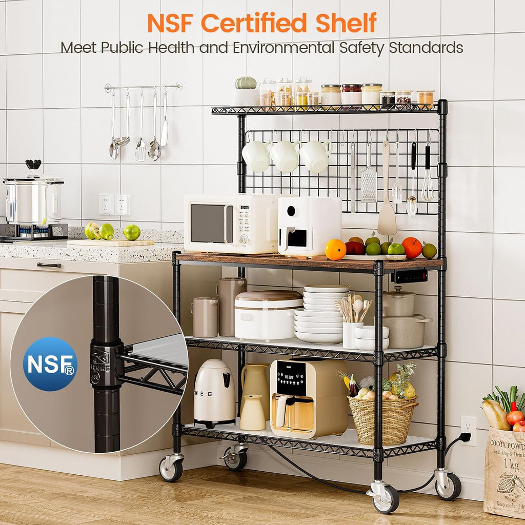 Leteuke Bakers Rack with Power Outlet & Storage, 36 Inch Microwave Stand Kitchen Cart, 4-Tier Metal Kitchen Shelves Cart with Wheels & 20 S-Hooks for Kitchen, NSF Certified, 63 x 18 x 36 Inch-Black