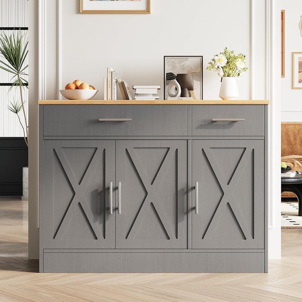 Vongrasig Sideboard Buffet Cabinet with Storage, 43' Farmhouse Coffee Bar Storage Cabinet with Drawers and Shelves, Modern Buffet Table for Kitchen, Dining Room, Grey