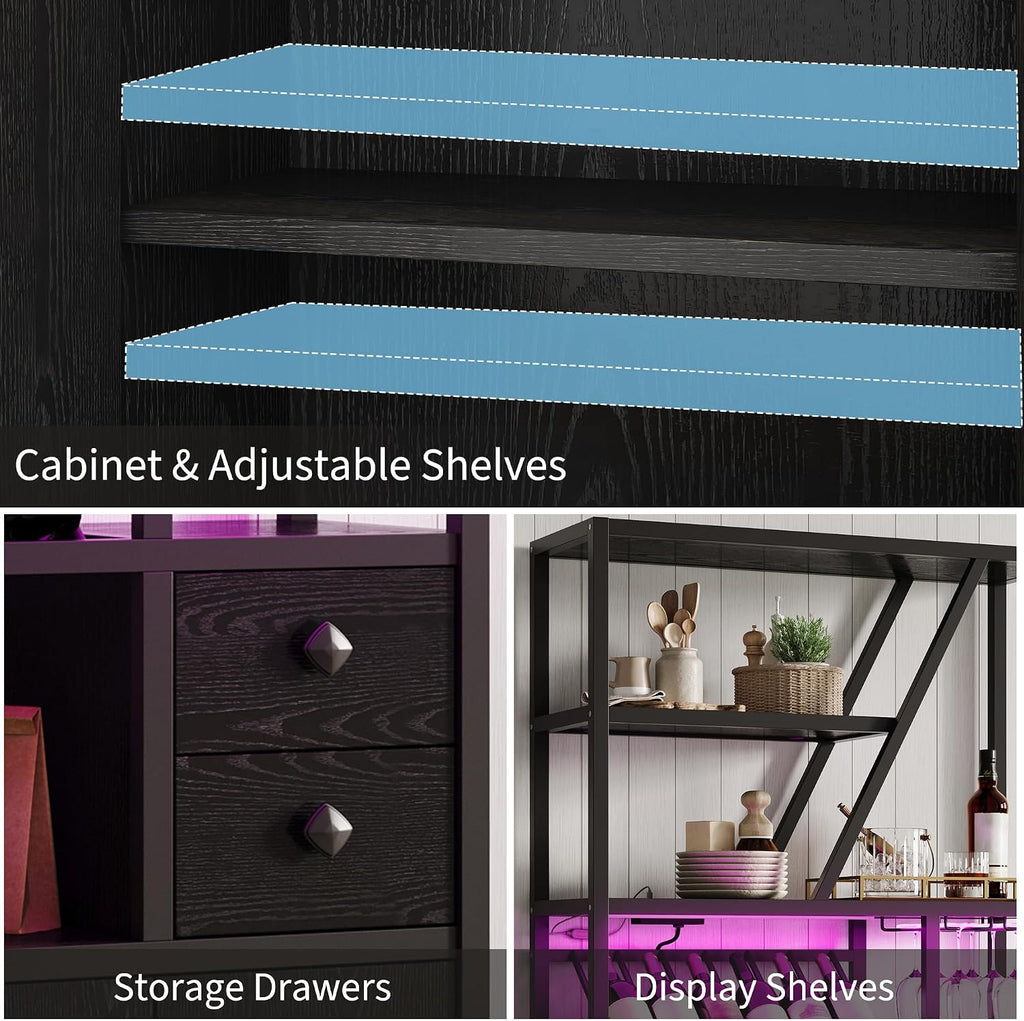 GarveeHome Bar Cabinet with LED Lights, 71.2 in Tall Coffee Bar Station with Power Outlets and Wine Rack, Kitchen Bakers Rack for Living Room