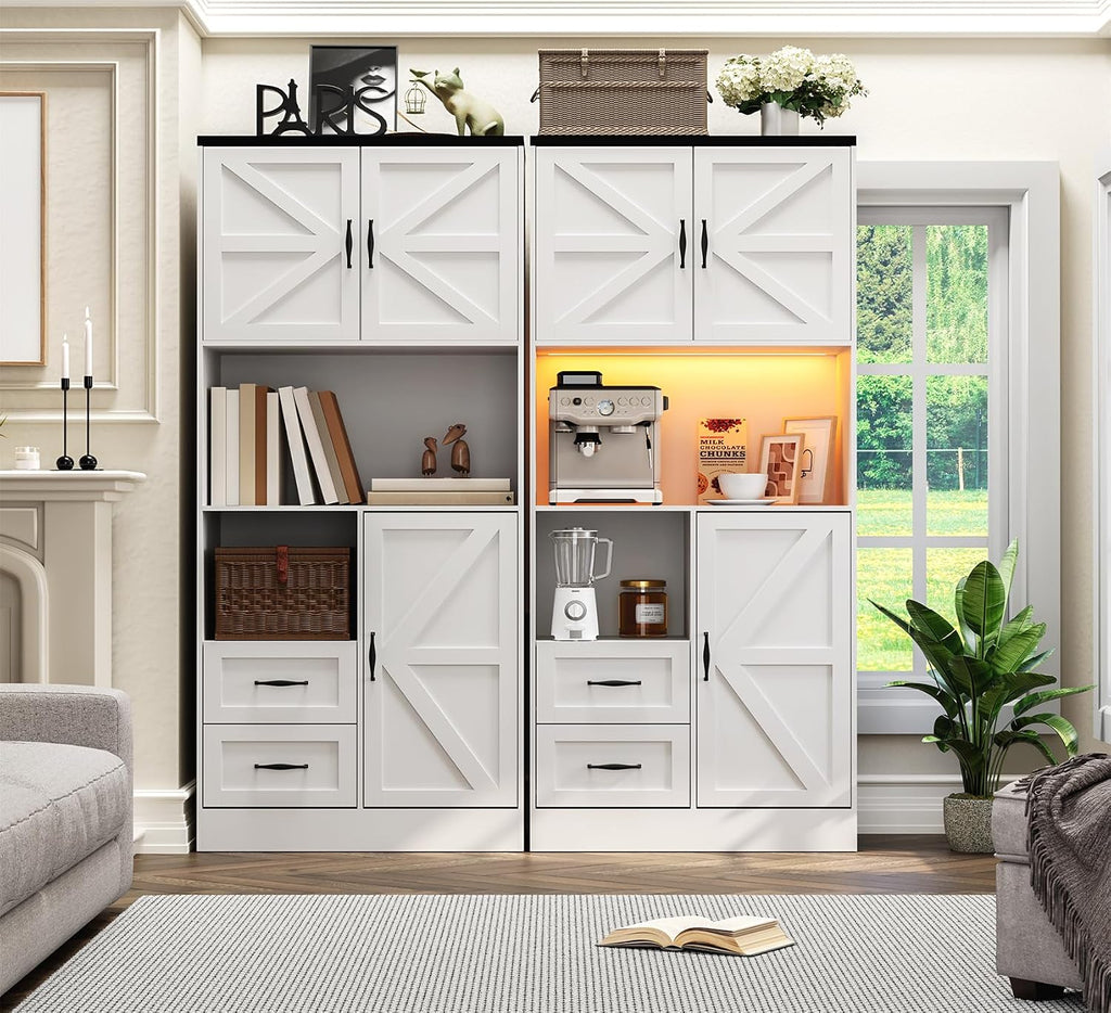 Kitchen Pantry Storage Cabinet with LED Lights and Power Strip, Tall Farmhouse Kitchen Pantry with Barn Doors and Drawers, Adjustable Shelves for Dining Living Room (White)