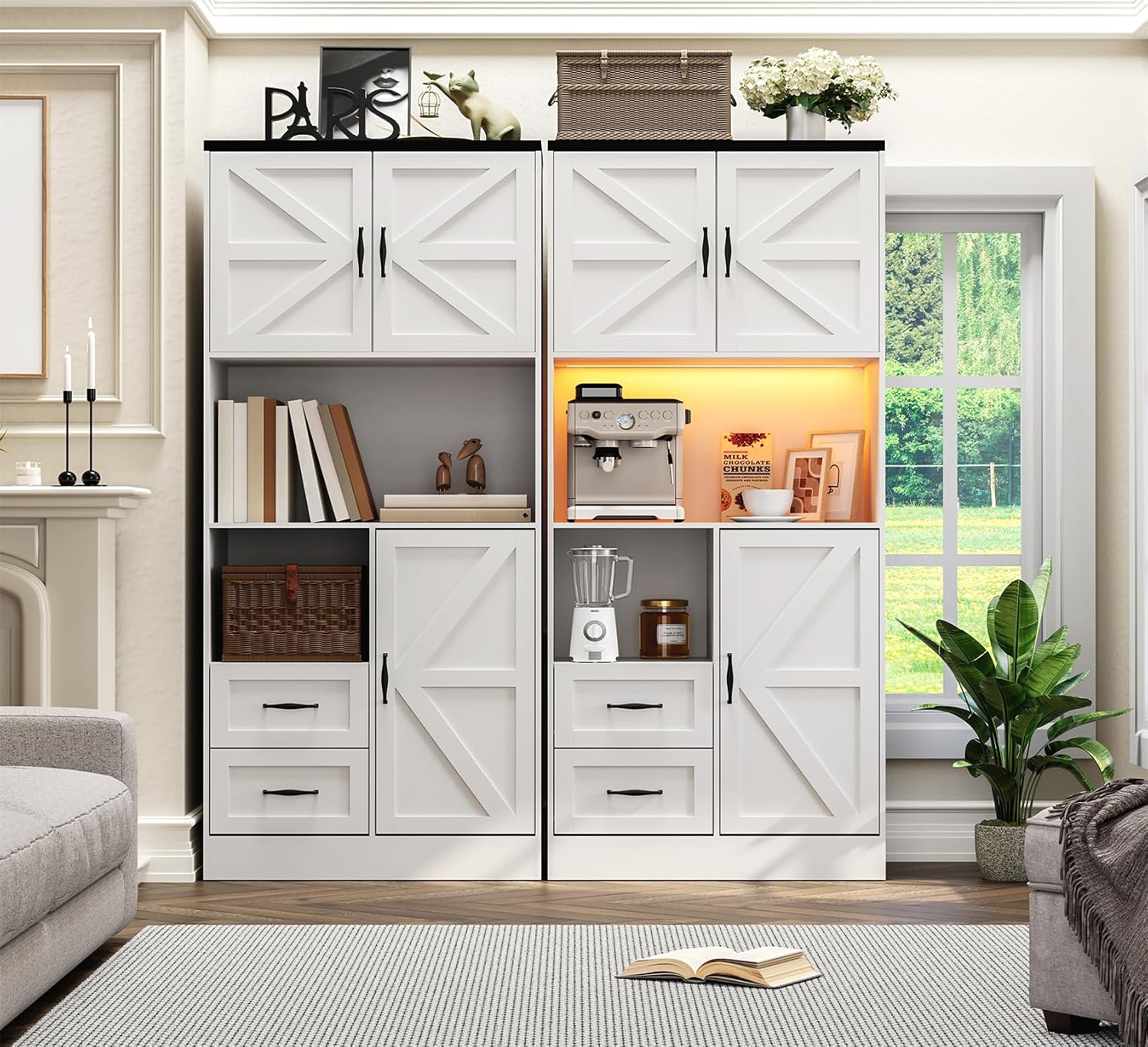 Kitchen Pantry Storage Cabinet with LED Lights and Power Strip, Tall Farmhouse Kitchen Pantry with Barn Doors and Drawers, Adjustable Shelves for Dining Living Room (White)