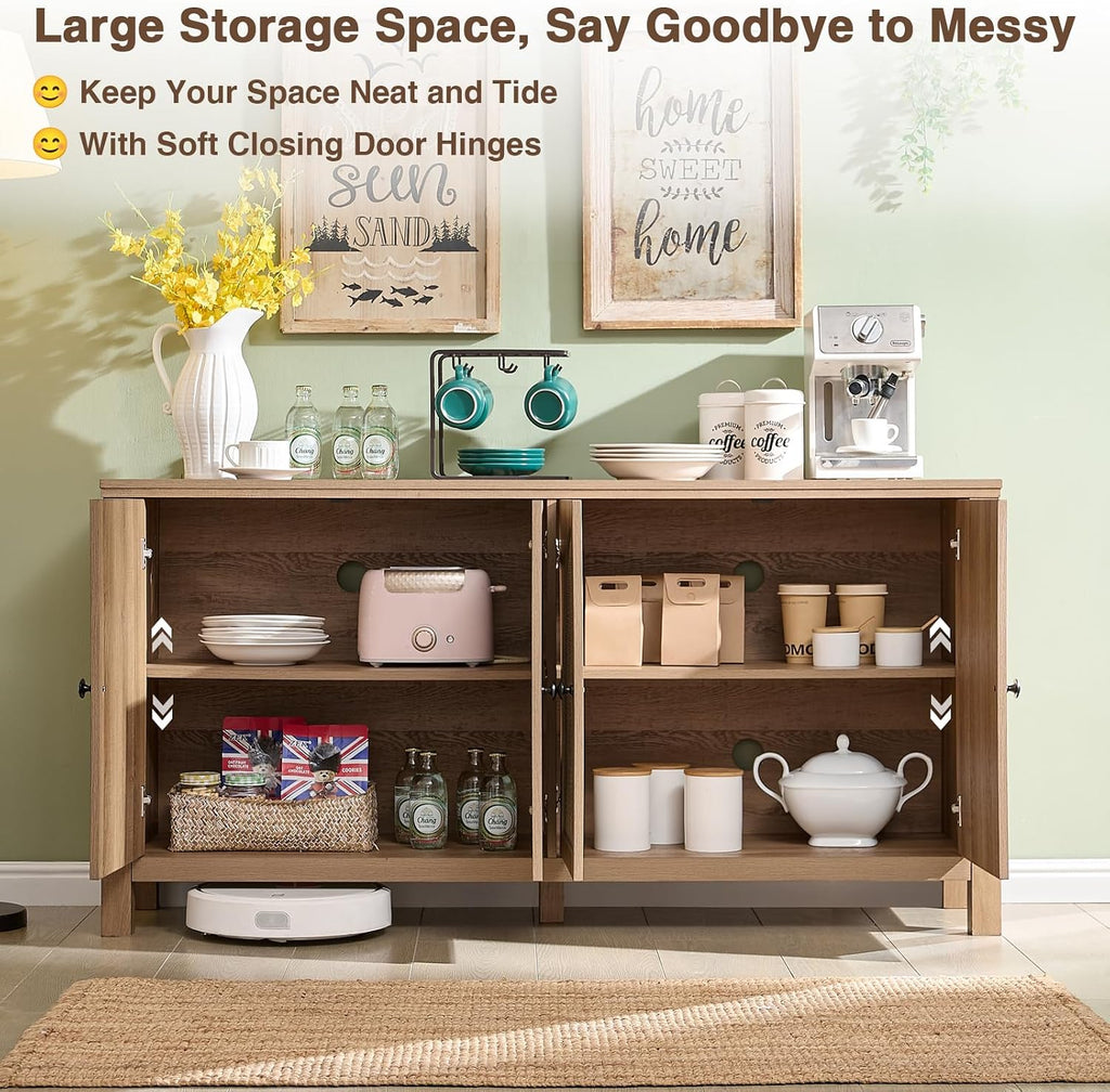 Okvnbjk Rattan Buffet Cabinet with Storage - 4 Soft-Close Doors Sideboard for Dining Room & Living Room, Coffee Bar Cabinet with Adjustable Shelves