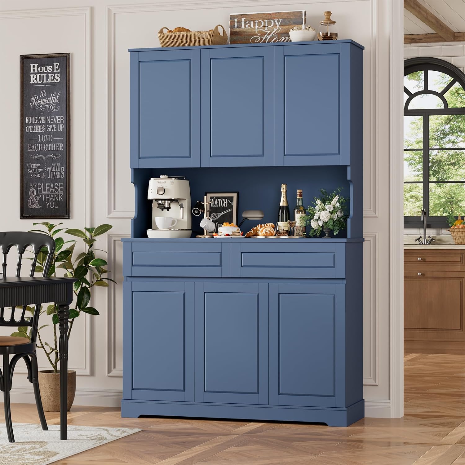 FACBOTALL 74' Pantry Cabinet, Tall Kitchen Pantry Cabinet with 6 Doors and 2 Drawers, Kitchen Hutch with Wide Countertop, Modern Kitchens Cupboard with Adjustable Shelves and Charge Holes, Blue