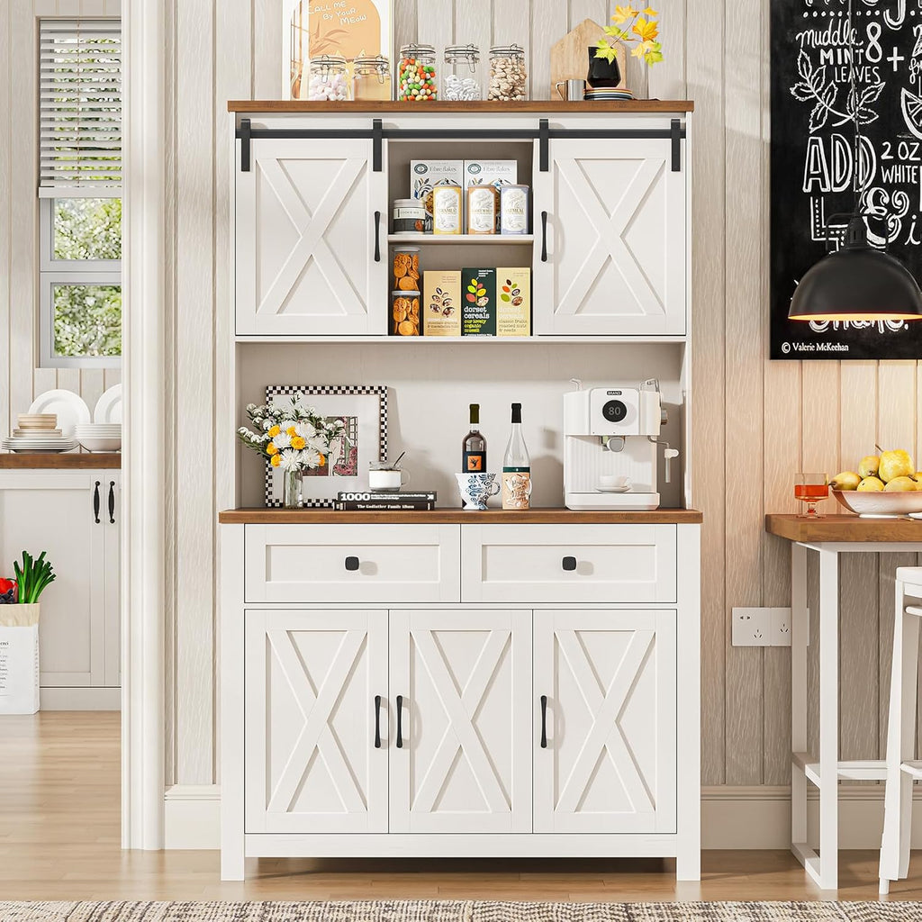 Befrases 67.7 Inch Farmhouse Pantry Storage Cabinet with Sliding Barn Doors, 2 Drawer Farmhouse Coffee Cabinet with Adjustable Shelf, Side Board with Buffet Cupboard for Livingroom Kitchen, White