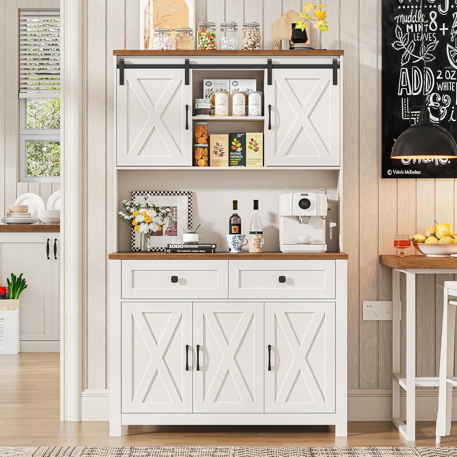 Befrases 67.7 Inch Farmhouse Pantry Storage Cabinet with Sliding Barn Doors, 2 Drawer Farmhouse Coffee Cabinet with Adjustable Shelf, Side Board with Buffet Cupboard for Livingroom Kitchen, White