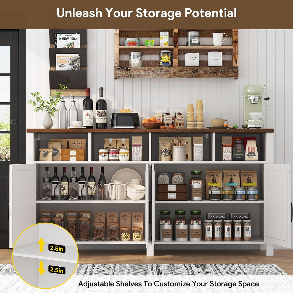 knoworld 63'' Buffet Sideboard with Storage Farmhouse with 4 Doors, Large Kitchen Storage Cabinet Wood Coffee Bar Cabinet Buffet Table with Shelves for Kitchen, Dining Room, Entryway