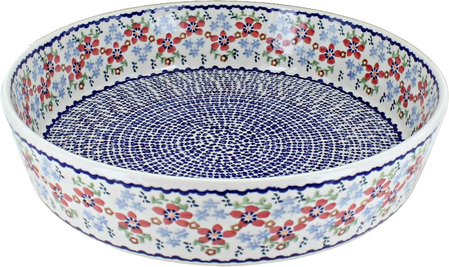 Blue Rose Polish Pottery - Red Poppy Large Round Baker - 12.25' Diameter - Unique, Dishwasher Safe, & Durable Bakeware