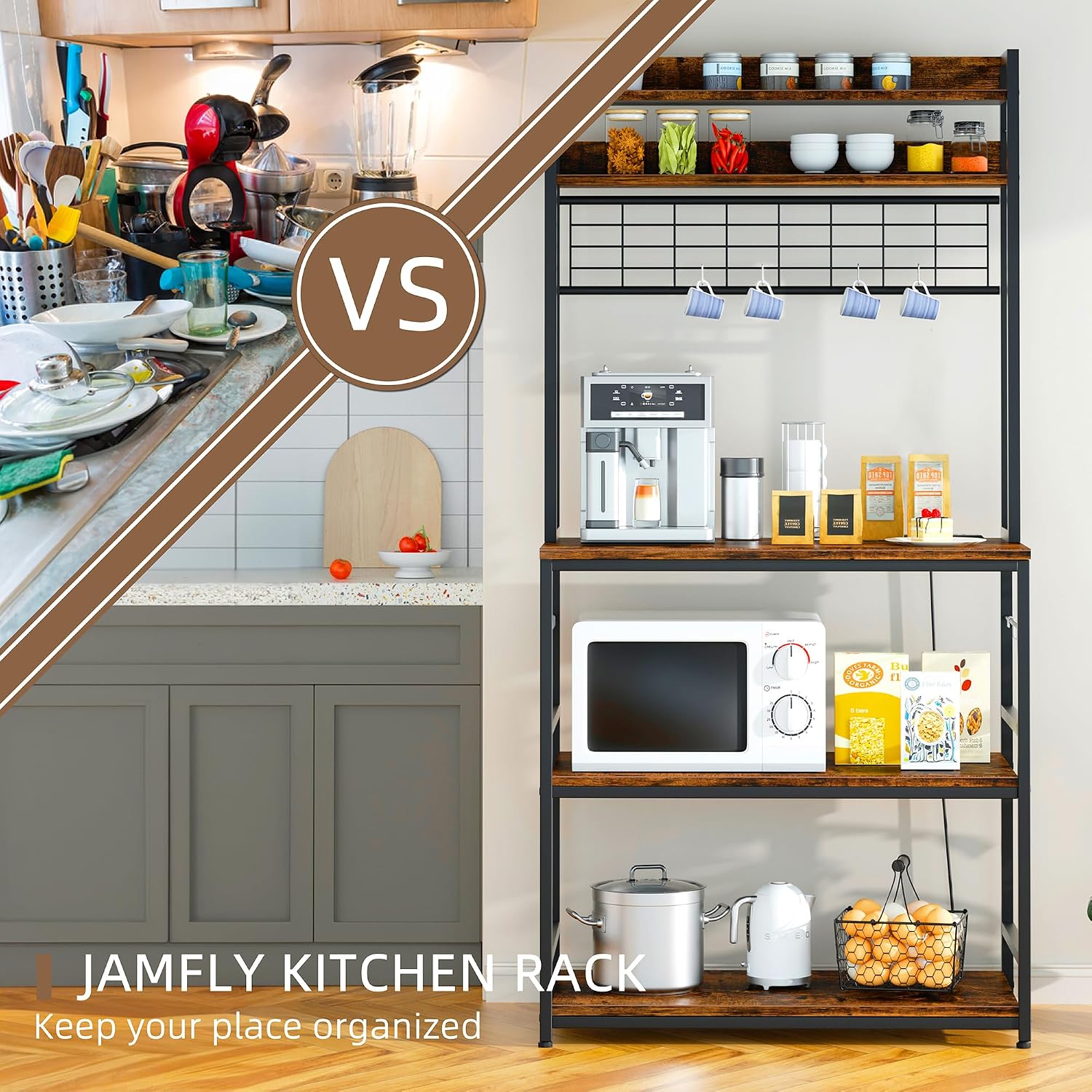 JY QAQA Kitchen Bakers Rack, Coffee Bar Cabinet, Kitchen Racks with Power Outlet, 5-Tier Microwave Stand with Storage Cabinet, 10 Hooks and Metal Wire Panel, Brown