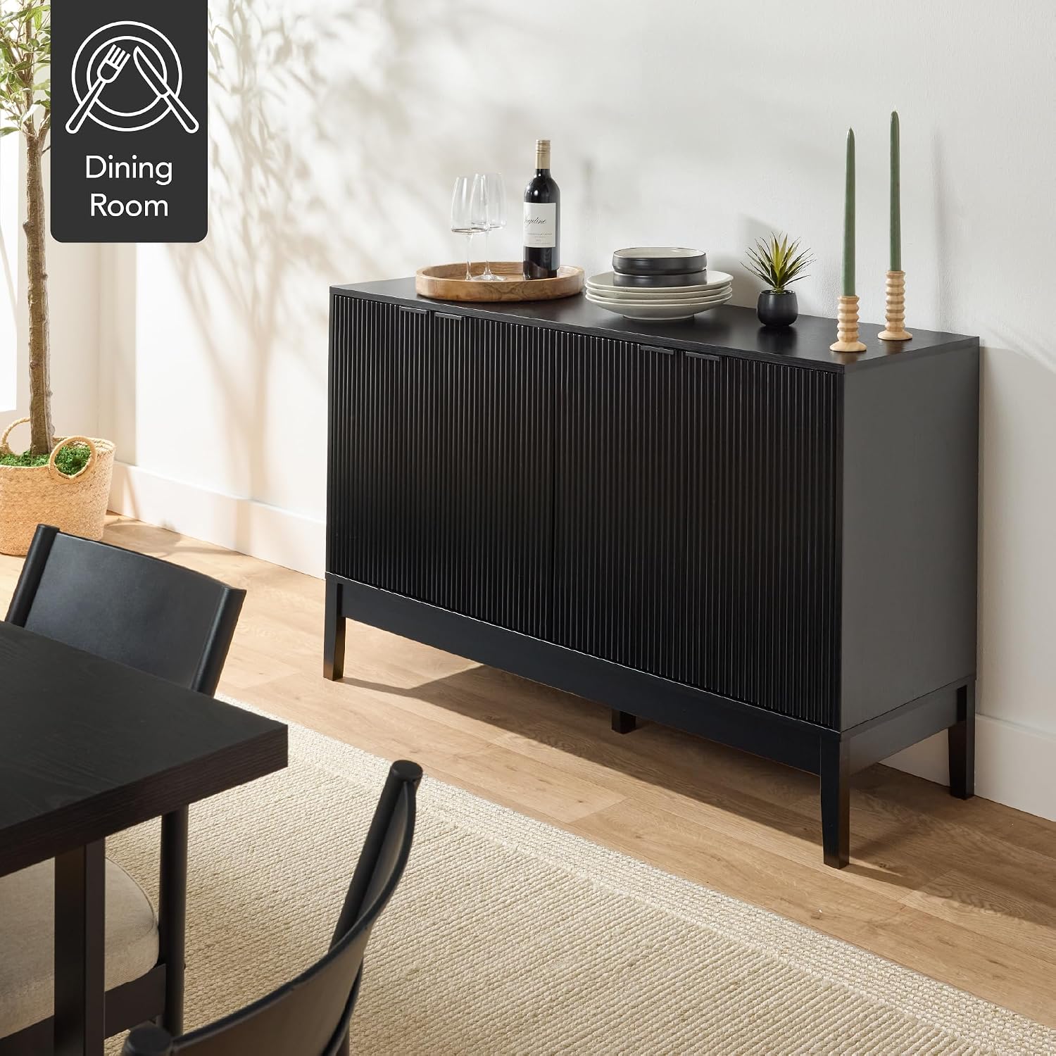 Best Choice Products 55' Modern 4-Door Sideboard Storage Cabinet, Buffet, Media Cabinet, Cupboard, Entryway Accent Table, Bookcase w/Reed Panels and Adjustable Shelves - Black