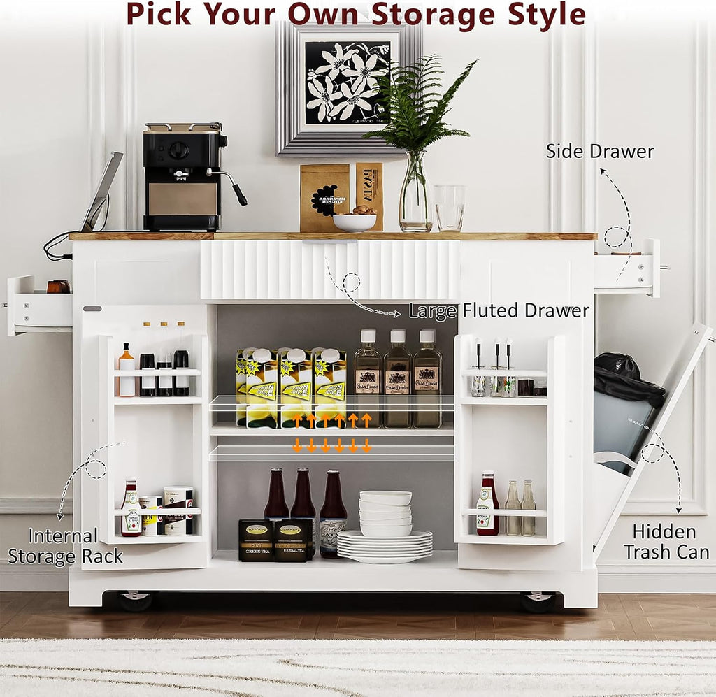 Fluted Kitchen Island with Trash Can Storage Cabinet, Kitchen Island Cart with 3 Drawer, 3 Open Side Racks for 10 Gallon Garbage Bin, Rolling Island with Power Outlet&Internal Storage Rack, White