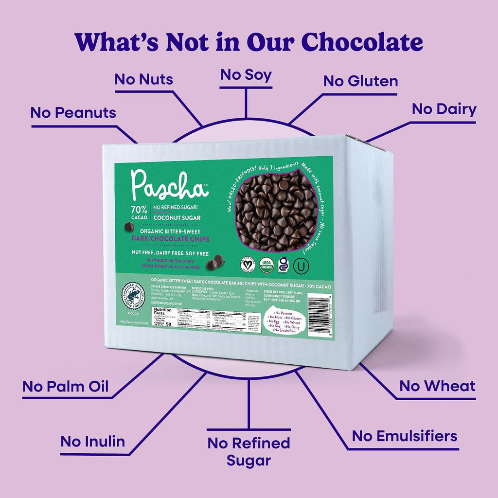 Pascha Organic 70% Cacao Bittersweet Dark Chocolate Chips with Coconut Sugar - Vegan, Non-GMO Bulk Baking Chips - Rainforest Alliance Certified - Allergen-Free (10 lbs)