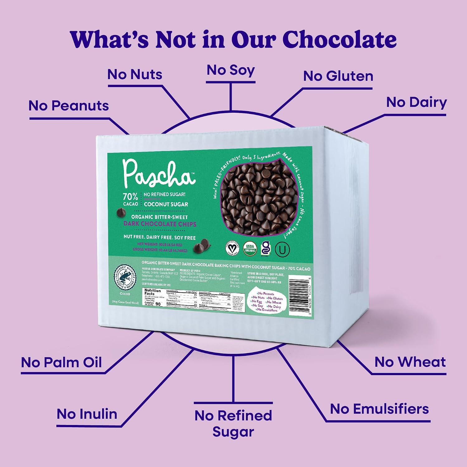 Pascha Organic 70% Cacao Bittersweet Dark Chocolate Chips with Coconut Sugar - Vegan, Non-GMO Bulk Baking Chips - Rainforest Alliance Certified - Allergen-Free (10 lbs)