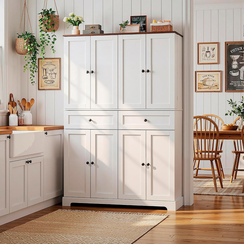 HUAHUU 71' Kitchen Pantry Cabinet with 6 Door Shelves, Tall Pantry Storage Cabinet with 8 Doors & 4 Adjustable Shelves, Modern Kitchen Pantry with 2 Large Drawers for Dining Room, Living Room, White