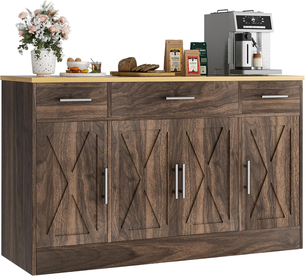 Vongrasig Buffet Cabinet with Drawers, 53' Large Sideboard Buffet Kitchen Storage Cabinet, Modern Farmhouse Coffee Bar with Shelves and Doors, Wood Buffet Table for Kitchen, Dining Room, Rustic Brown