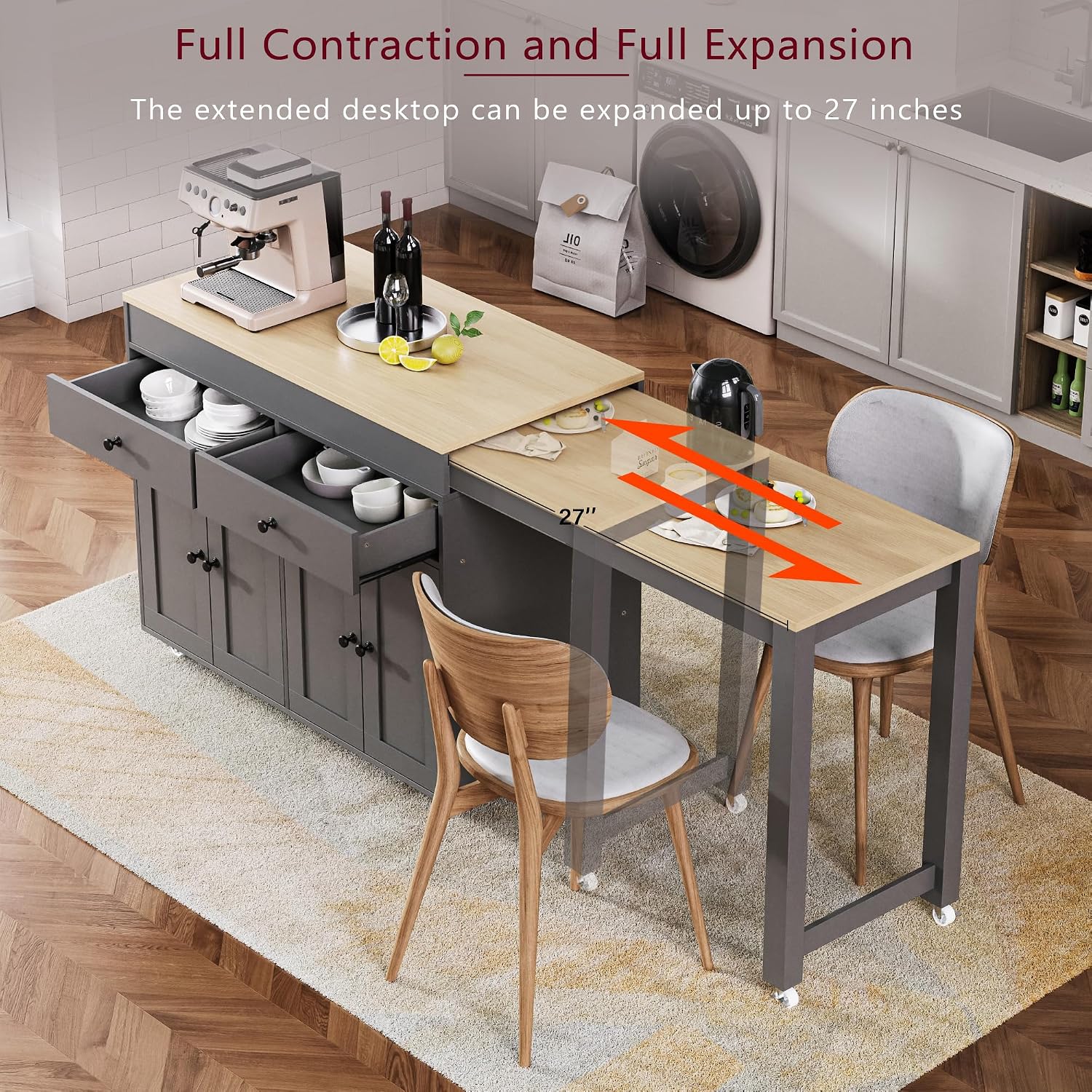 74.5 inch Kitchen Island with Extendable Dining Table, Rolling Kitchen Island on Wheels with Spice Rack and 2 Drawers, Kitchen Storage Cart with 4 Door Cabinet, for Kitchen, Dining Room (Grey/E)