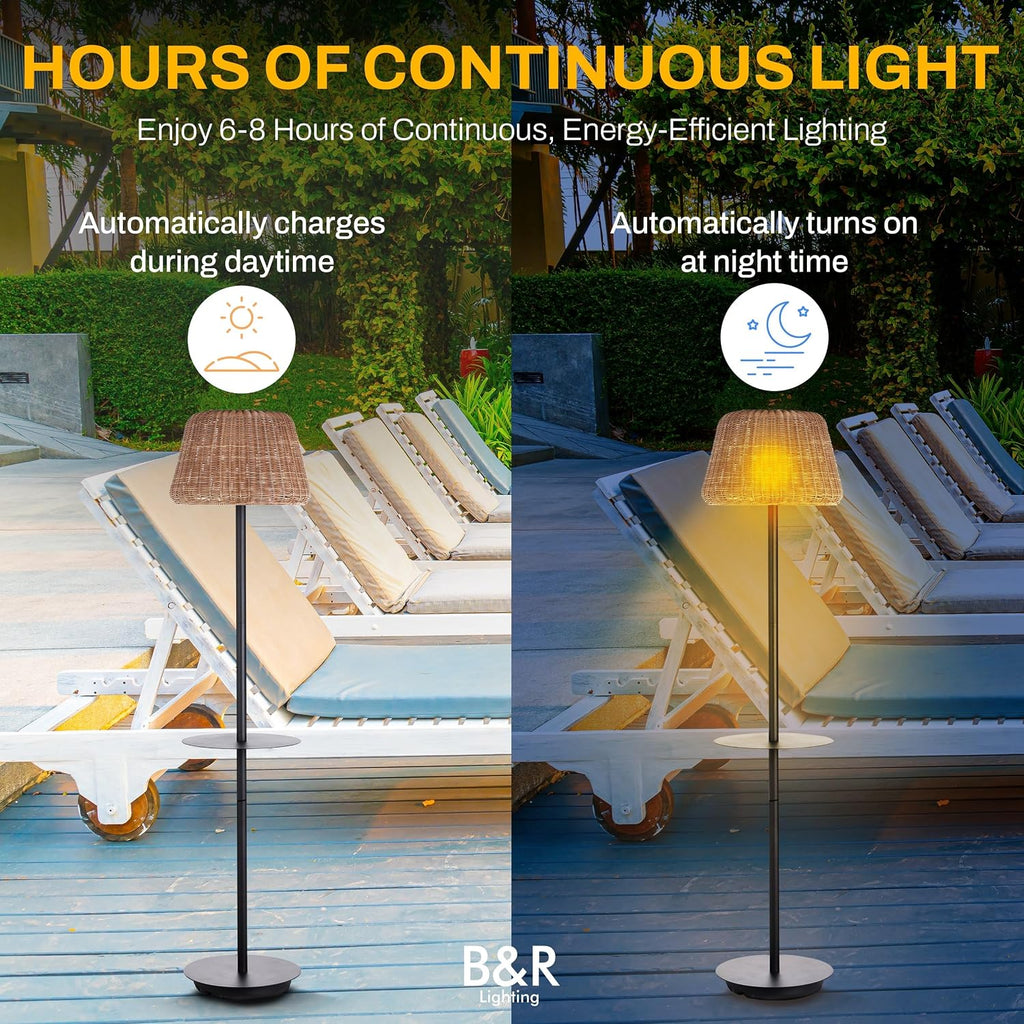 B&R Lighting Solar Outdoor Floor Lamp with Table - Cordless Outdoor Floor Lamp - Patio, Porch, Garden - Rattan Wicker Lights for Outside - Waterproof, Rechargeable, Weatherproof