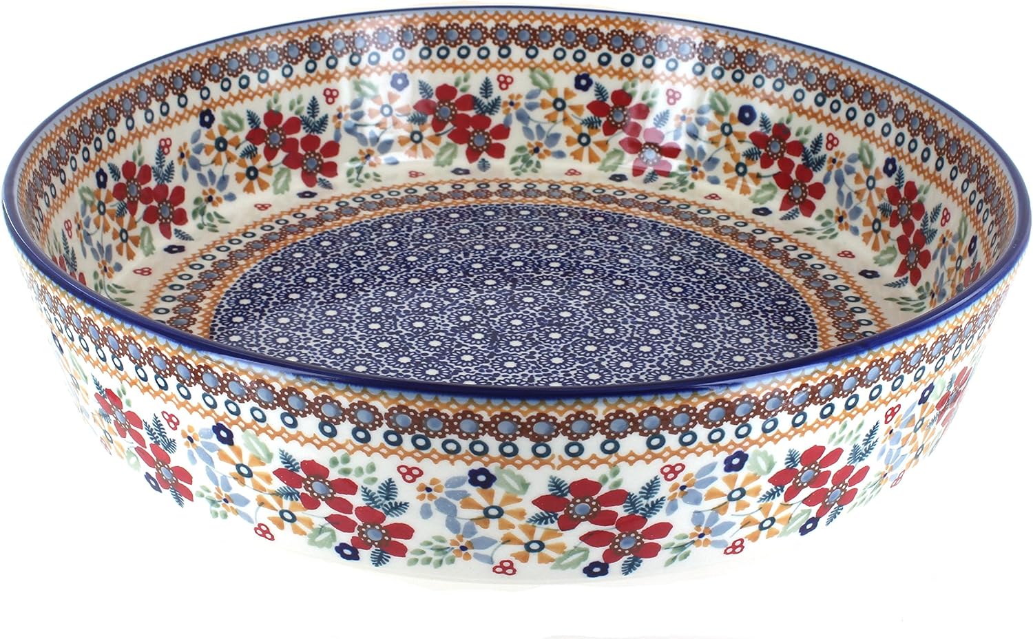Blue Rose Polish Pottery - Red Daisy Large Round Baker - 12.25' Diameter - Unique, Dishwasher Safe, & Durable Bakeware