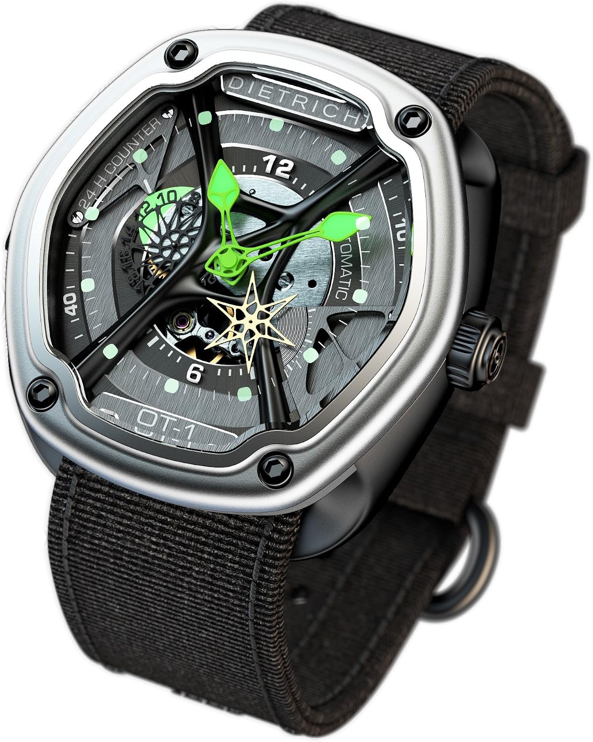 Dietrich Men's OT-1 Automatic Mechanical Watch, 46mm 316L Stainless Steel Case, Sapphire Crystal, 5 ATM Water Resistance, Black PVD Coating, Luminescent Numbers