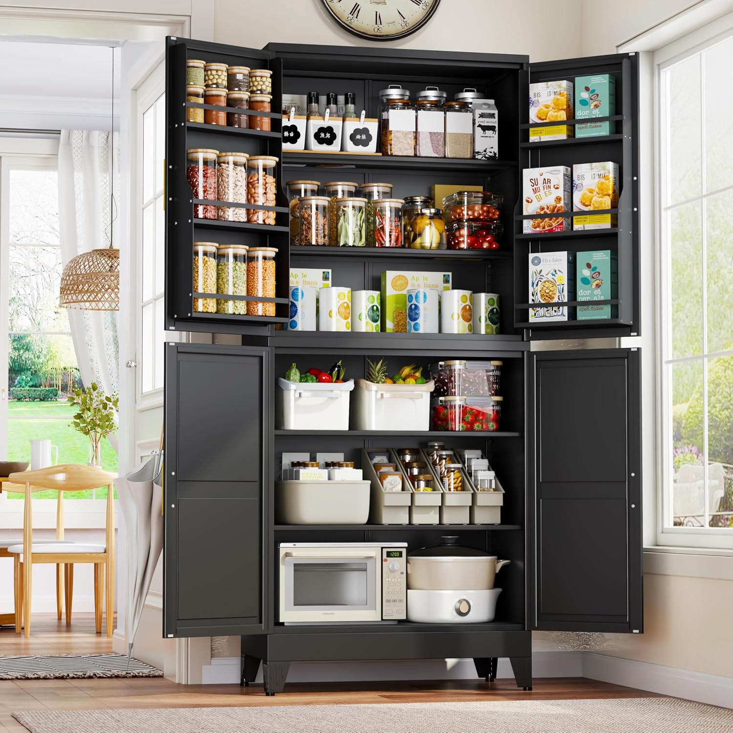 GAIOUS 74.8' Tall Metal Food Cabinet, Black Kitchen Pantry Cabinet, Storage Cabinets with 4 Door and 4 Adjustable Shelves, Steel Freestanding Cupboard for Kitchen Dining Room Living Room Bathroom