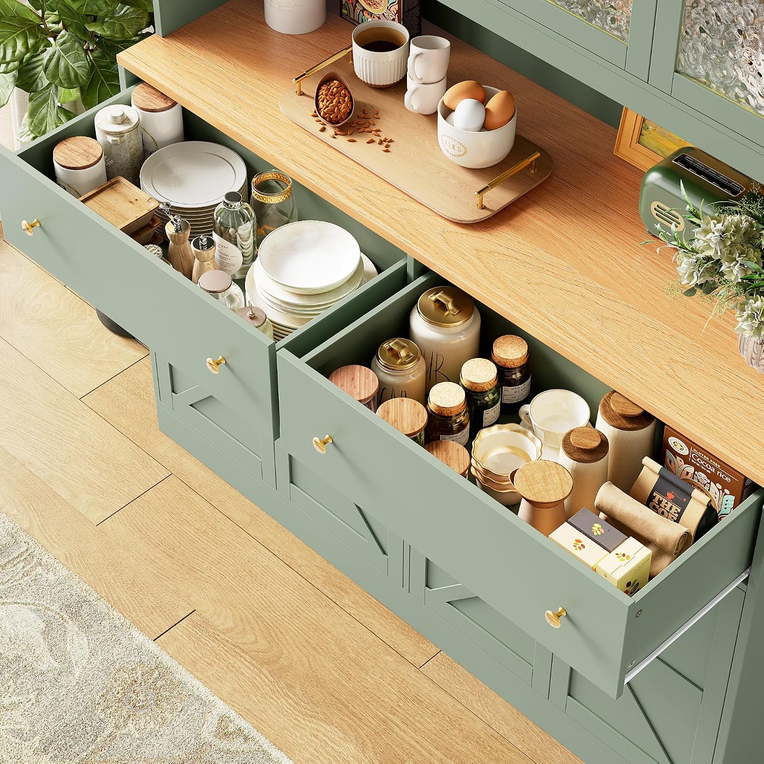 FINETONES 71' Pantry Cabinet with LED Light and Charging Station, Farmhouse Kitchen Pantry Cabinet with Microwave Stand, 47.2' Wide Kitchen Hutch Food Pantry with Open Countertop, Green