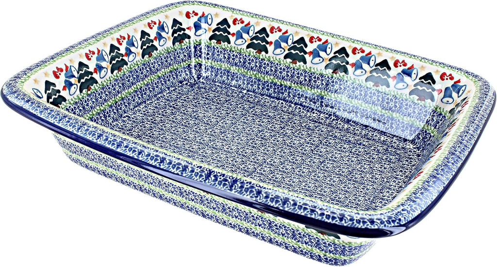 Blue Rose Polish Pottery - Blue Winter Bells Medium Rectangular Baker - 12.25' x 10' - Unique, Dishwasher Safe, & Durable Bakeware