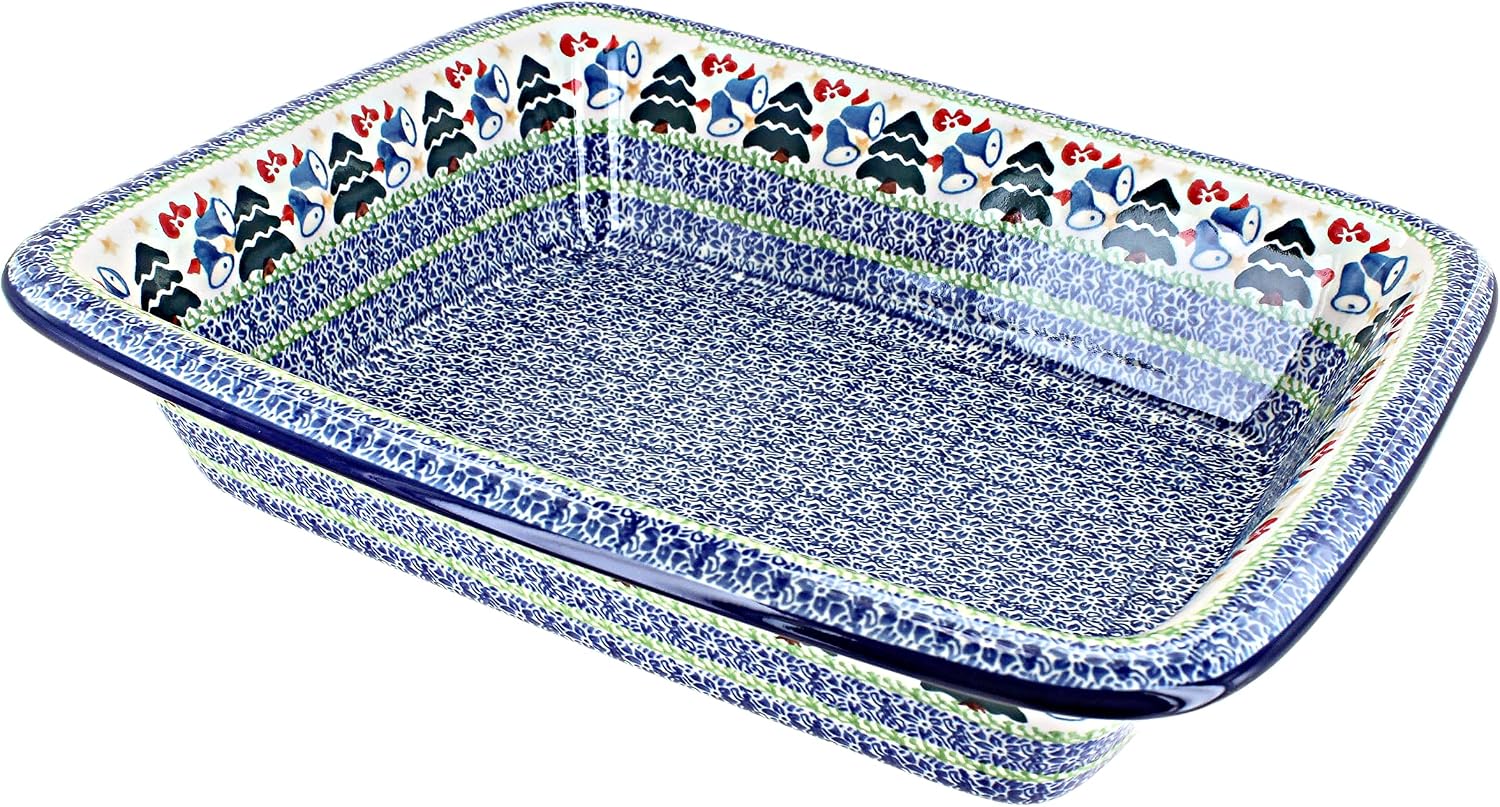 Blue Rose Polish Pottery - Blue Winter Bells Medium Rectangular Baker - 12.25' x 10' - Unique, Dishwasher Safe, & Durable Bakeware