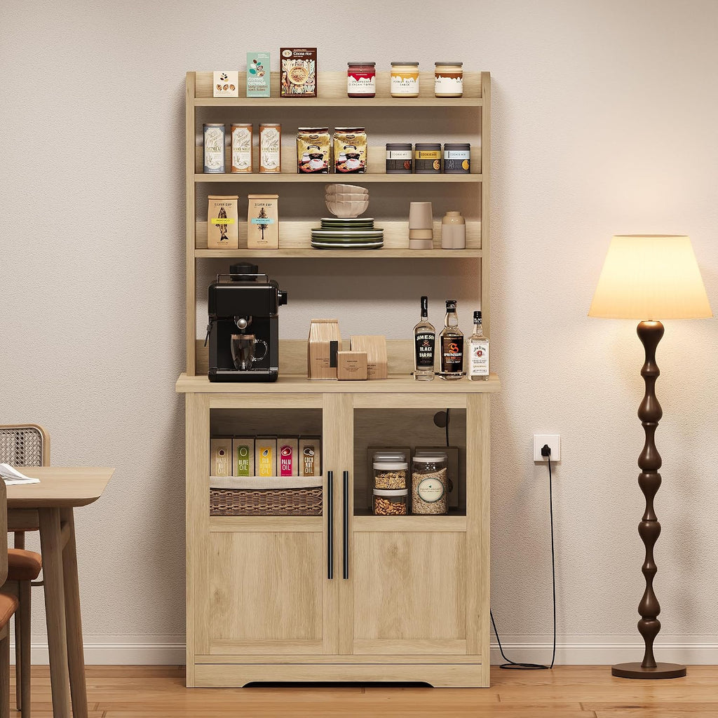 6-Tier Kitchen Bakers Rack,Storage, Power Outlet, and Glass Doors,Freestanding Farmhouse Coffee Bar Cabinet for Kitchen, Living Room, Dining Room,Natural Wood